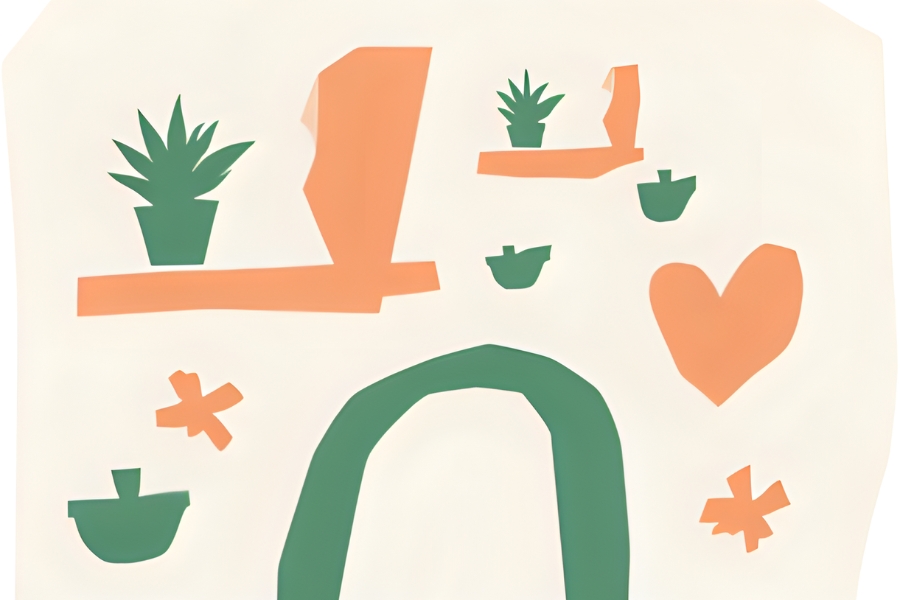 Abstract art featuring cut-out shapes of plants, shelves, a heart, and an archway.