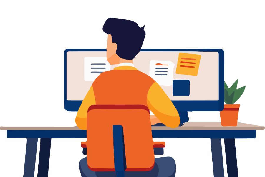 Illustrated person from the rear sitting at desk with computer.
